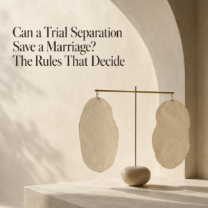 Trial separation header image for Dr. Prerna Kohli, Clinical Psychologist, showing a balanced brass sculpture with two handmade parchment forms in a cream architectural setting.