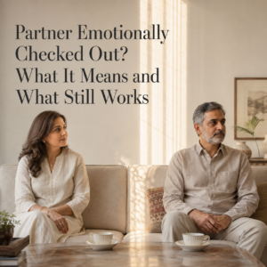 Partner emotionally checked out header image for Dr. Prerna Kohli, Clinical Psychologist, showing an Indian couple experiencing quiet emotional distance.