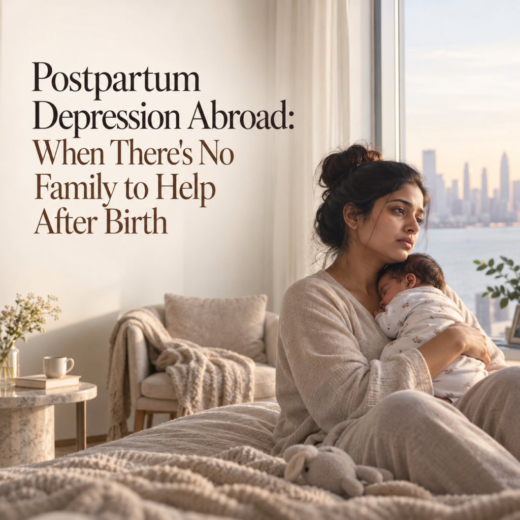Indian mother holding her newborn alone in an apartment abroad, reflecting the isolation and emotional strain of postpartum depression without nearby family support.