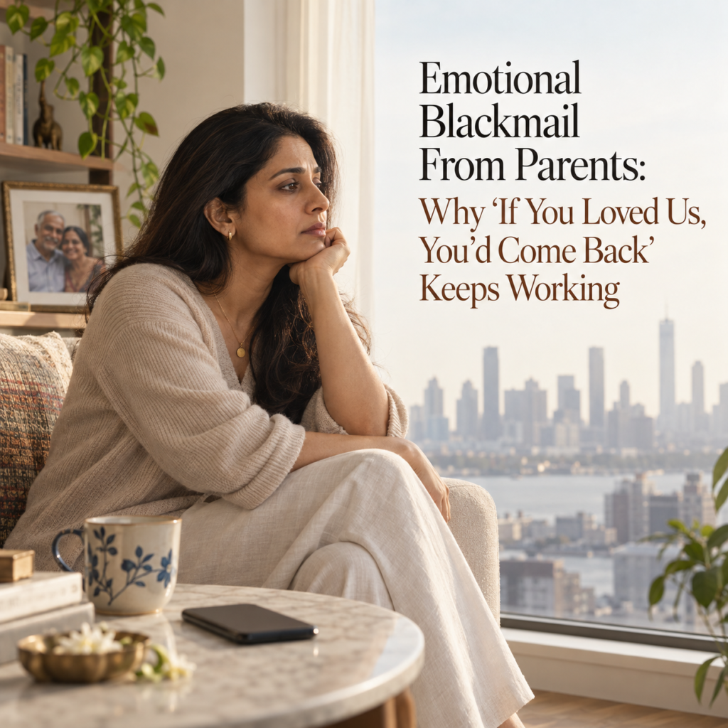 Indian woman living abroad sits thoughtfully beside a family photograph after a difficult conversation with her parents, reflecting the guilt, obligation and emotional pressure explored in NRI family relationships.