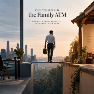 Indian man living abroad balancing between his own financial future and responsibilities toward family back home, illustrating the emotional weight of financial obligation.