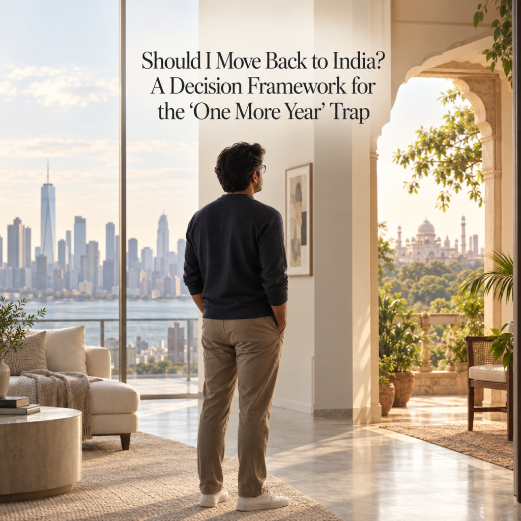 Indian NRI man standing between an overseas city and India, symbolising the emotional conflict of deciding whether to move back to India.