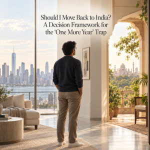Indian NRI man standing between an overseas city and India, symbolising the emotional conflict of deciding whether to move back to India.