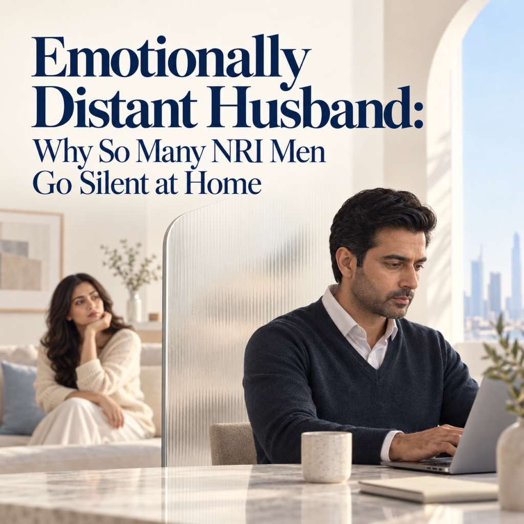 Emotionally distant NRI husband working while his wife feels disconnected, illustrating NRI marriage and men’s emotional health issues.