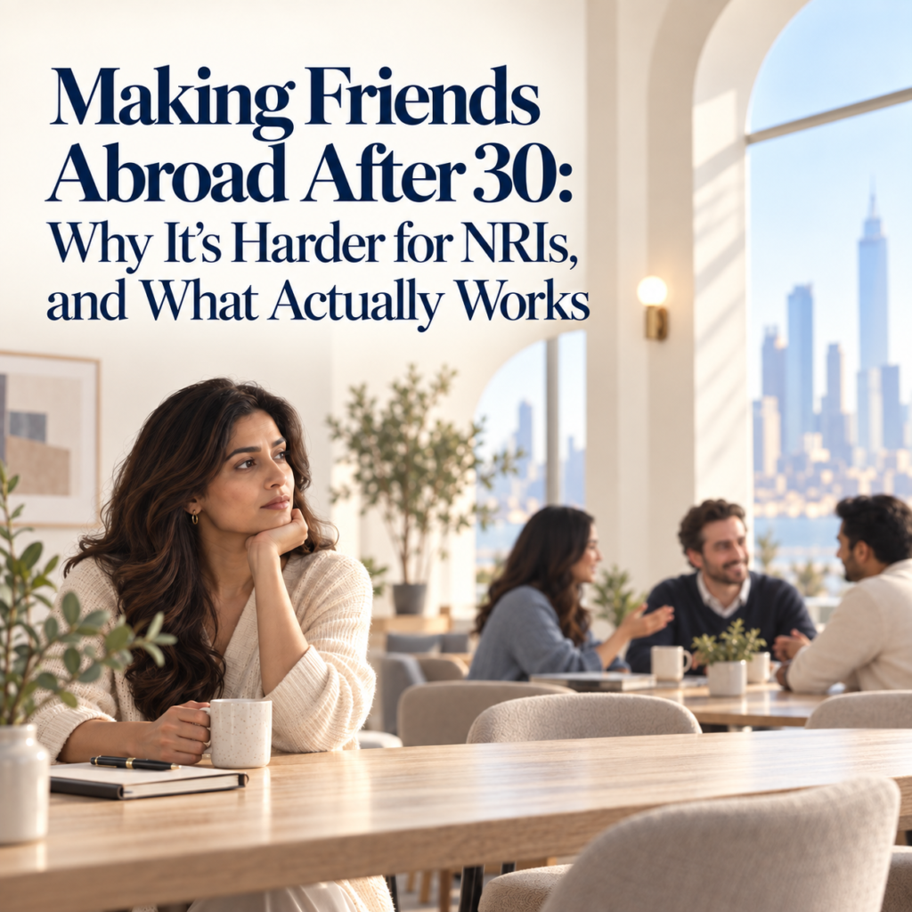 A thoughtful NRI woman sits alone in a bright café-style setting while other people chat in the background, illustrating the challenge of making friends abroad after 30.