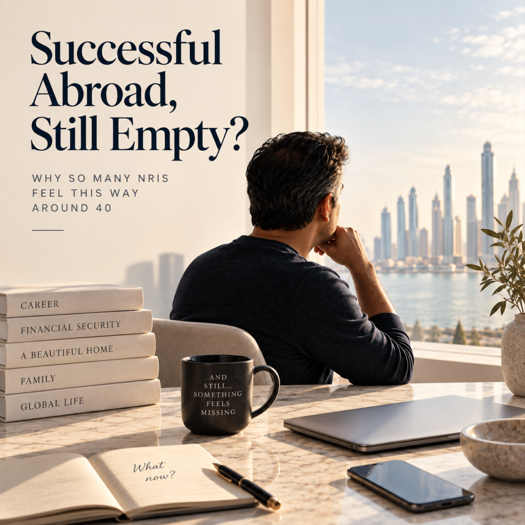 Successful NRI man in his 40s reflecting on achievement and emptiness, illustrating midlife crisis, purpose, identity and mental health among Indians living abroad.