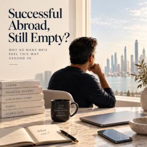 Successful NRI man in his 40s reflecting on achievement and emptiness, illustrating midlife crisis, purpose, identity and mental health among Indians living abroad.