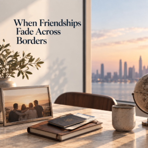 NRI woman reflecting on fading friendships in India after moving abroad, illustrating friendship grief, distance, loneliness and changing relationships among Indians living overseas.