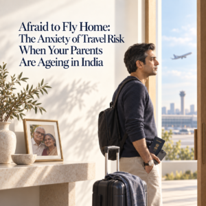 NRI man preparing to travel to India while worried about visa re-entry and ageing parents, illustrating immigration anxiety, caregiving guilt and travel uncertainty among Indians living abroad.