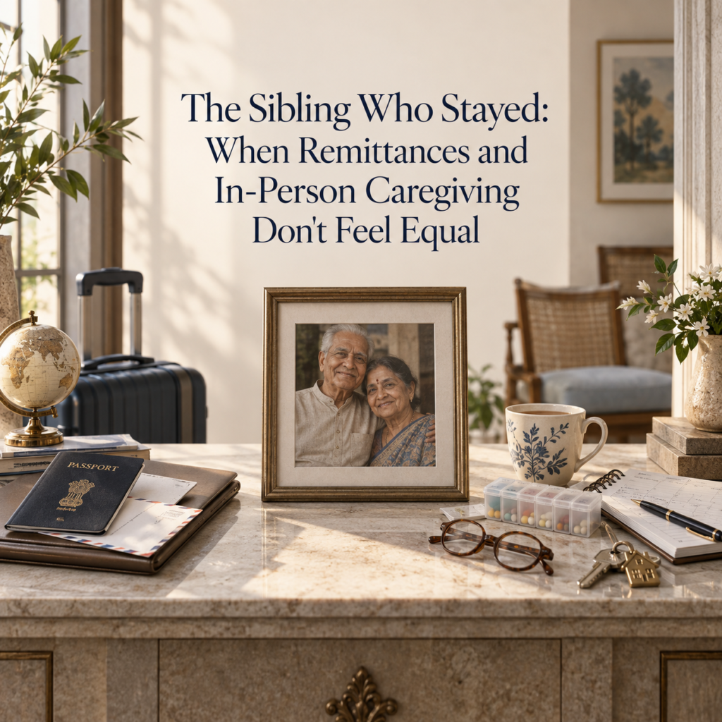 NRI family caregiving conflict illustrated through ageing parents, a passport and financial contribution on one side, and medication, appointments and daily caregiving responsibilities on the other.
