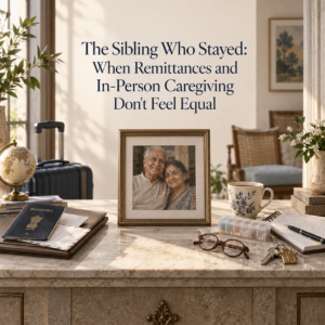 NRI family caregiving conflict illustrated through ageing parents, a passport and financial contribution on one side, and medication, appointments and daily caregiving responsibilities on the other.