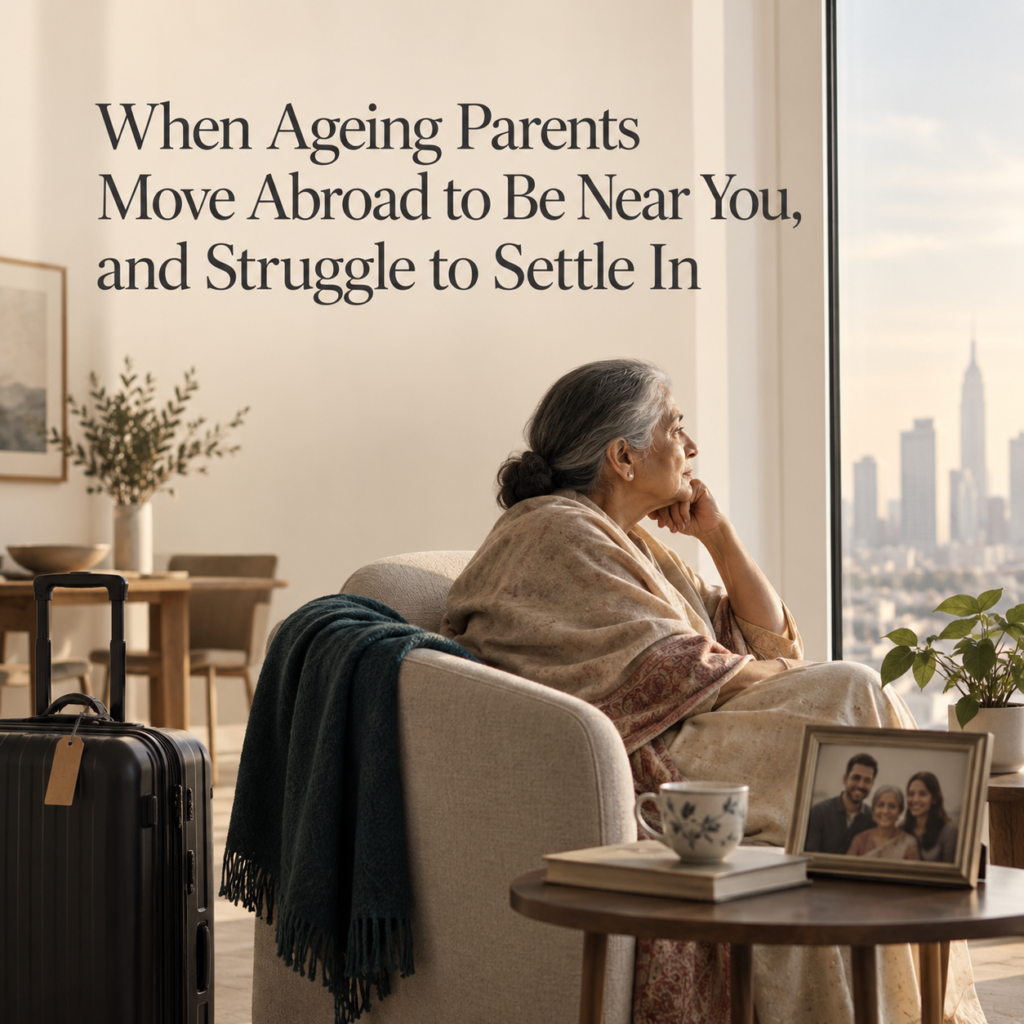 Ageing Indian mother sitting by a window after moving abroad to live near her adult children, reflecting loneliness and the adjustment challenges of late-life migration.