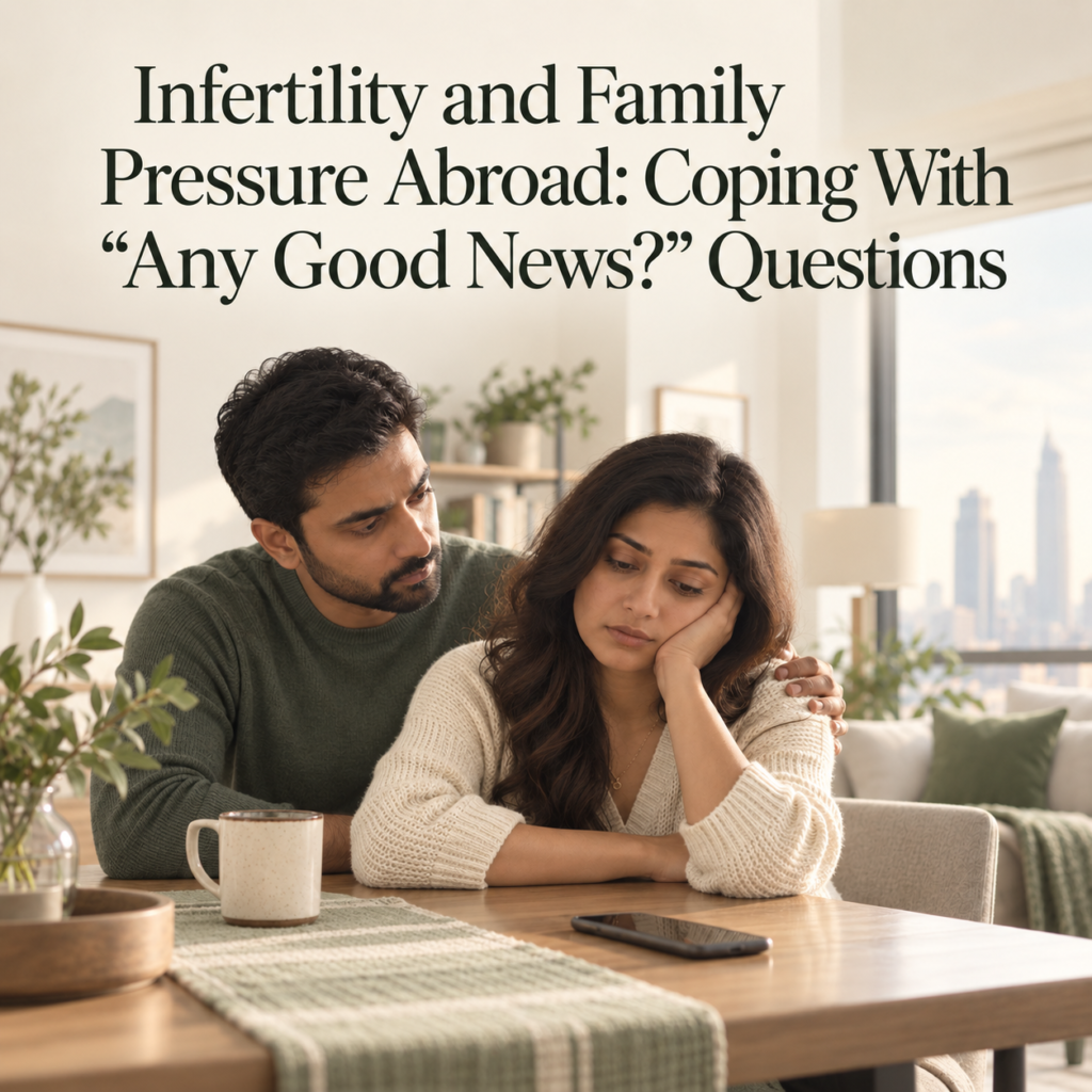 South Asian couple sitting together in a modern apartment abroad, reflecting the emotional strain of infertility and repeated family pressure about having children.
