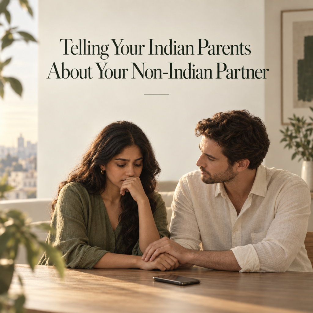 Indian woman and her non-Indian partner sitting together before a difficult family conversation, reflecting the emotional strain of telling Indian parents about an intercultural relationship.