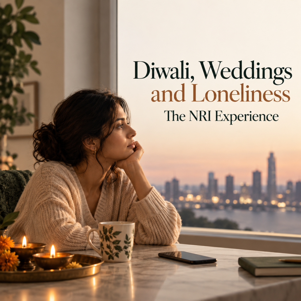 South Asian woman sitting alone beside a window during Diwali, with lit diyas and a distant city skyline, reflecting loneliness and homesickness experienced by some NRIs during festivals abroad.