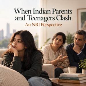 Indian mother and teenage daughter sitting apart during a tense conversation, reflecting parent-teen conflict, cultural differences and emotional distance in an NRI family.
