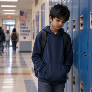 Indian schoolboy standing alone beside lockers in an American school hallway, looking withdrawn and sad, reflecting isolation, bullying and racism concerns faced by some NRI children abroad.