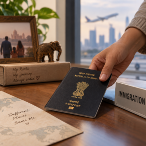 Indian passport being handed over at an immigration counter, symbolising the emotional loss and identity transition many NRIs experience when surrendering Indian citizenship.