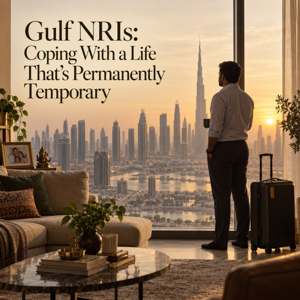 Man standing beside a suitcase in a Dubai apartment, looking towards the Burj Khalifa at sunset.