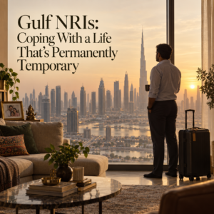 Man standing beside a suitcase in a Dubai apartment, looking towards the Burj Khalifa at sunset.