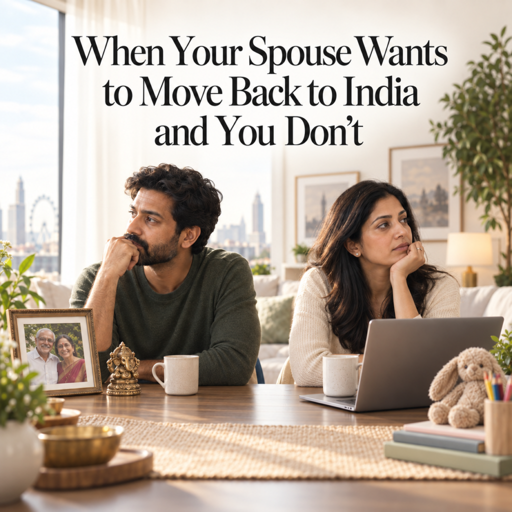 Indian-origin couple sitting emotionally distant in a bright home abroad, reflecting the conflict of one spouse wanting to move back to India while the other wants to stay. Header image for an article by Dr. Prerna Kohli, Psychologist in Gurgaon, supporting NRI couples globally.
