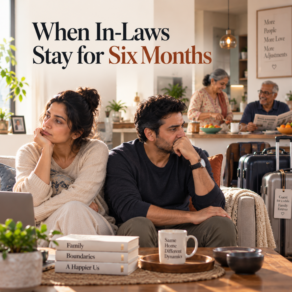 NRI Indian couple experiencing marriage stress while elderly in-laws stay in their home abroad for an extended visit. Illustration for Dr. Prerna Kohli, Psychologist in Gurgaon, who works with NRI couples globally.