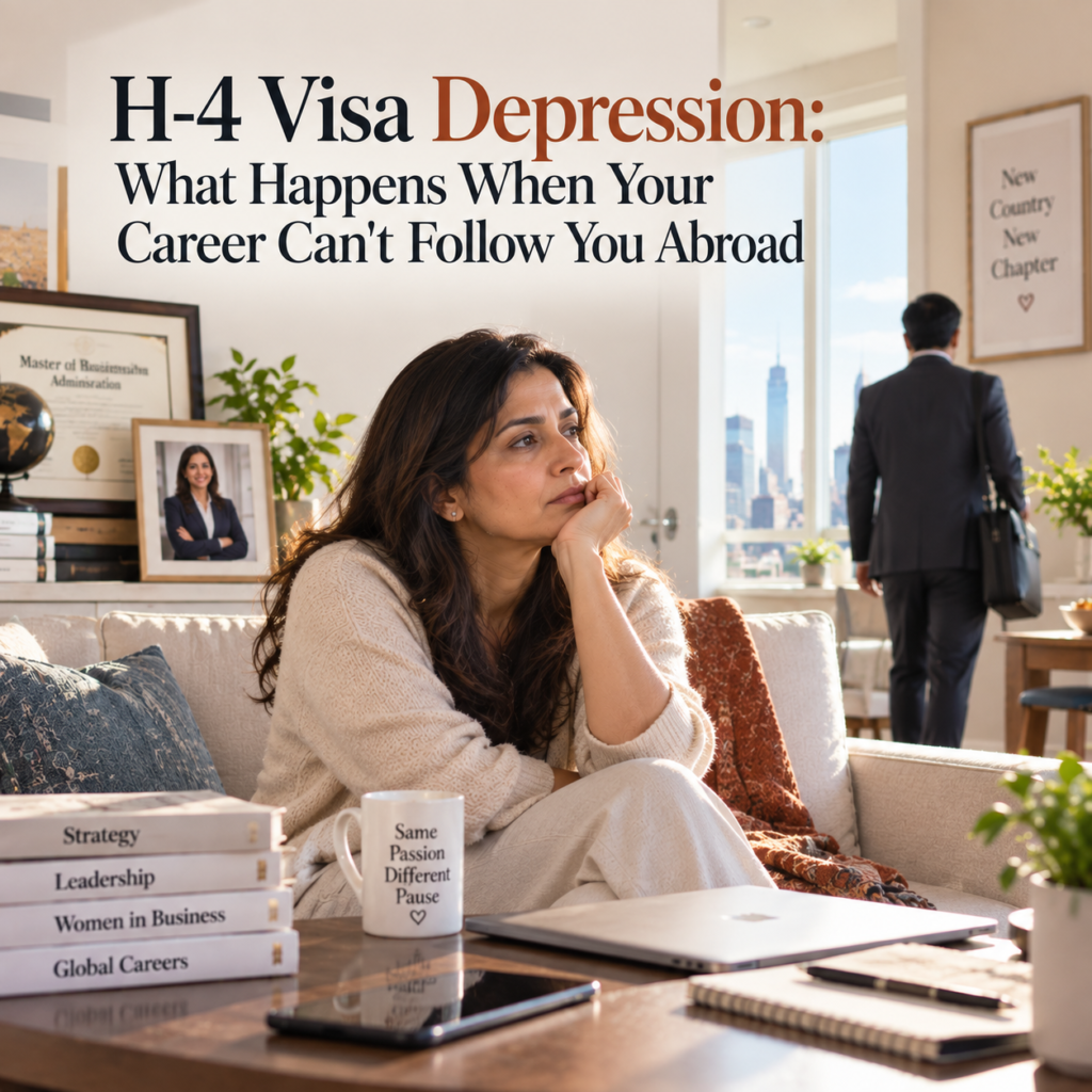 Indian woman on an H-4 dependent visa sitting alone at home as her husband leaves for work, reflecting career loss, isolation and loss of professional identity after moving to the United States. Article by Dr. Prerna Kohli, Psychologist in Gurgaon, working with NRIs globally.