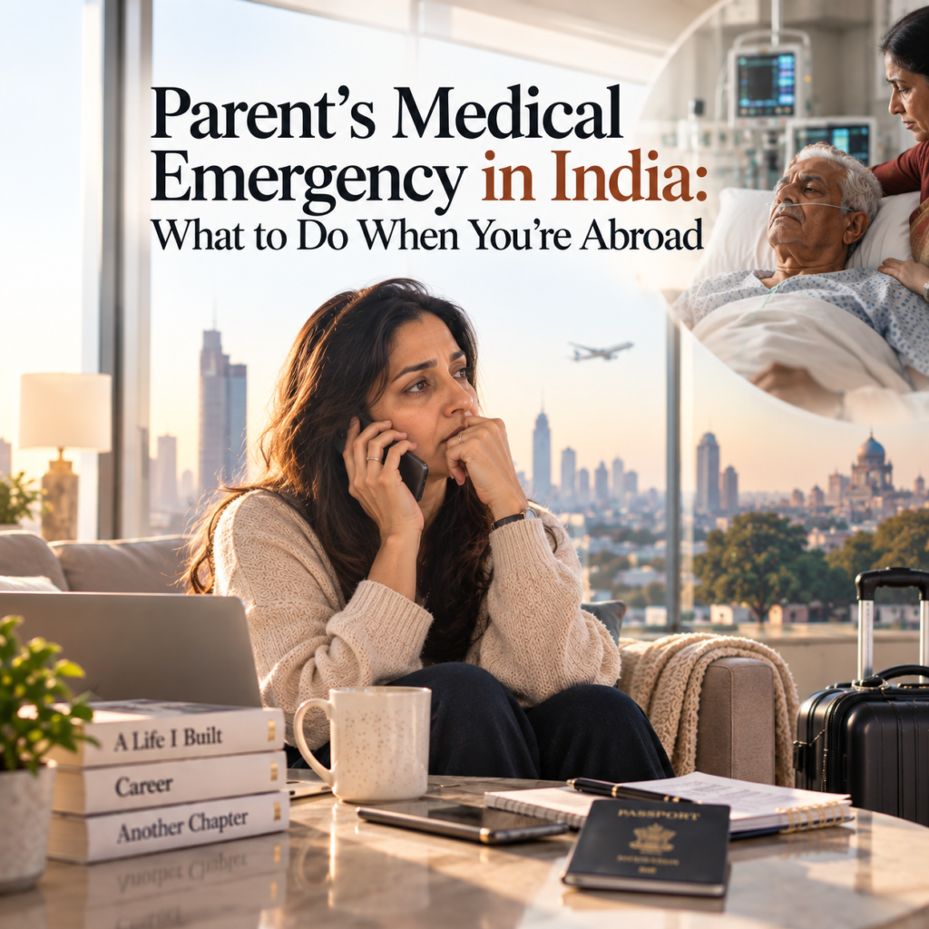 NRI woman abroad receives an urgent phone call about her elderly father being hospitalized in India, reflecting the fear, helplessness and difficult decisions NRIs face during a parent's medical emergency. Article by Dr. Prerna Kohli, Psychologist in Gurgaon, working with NRIs globally.