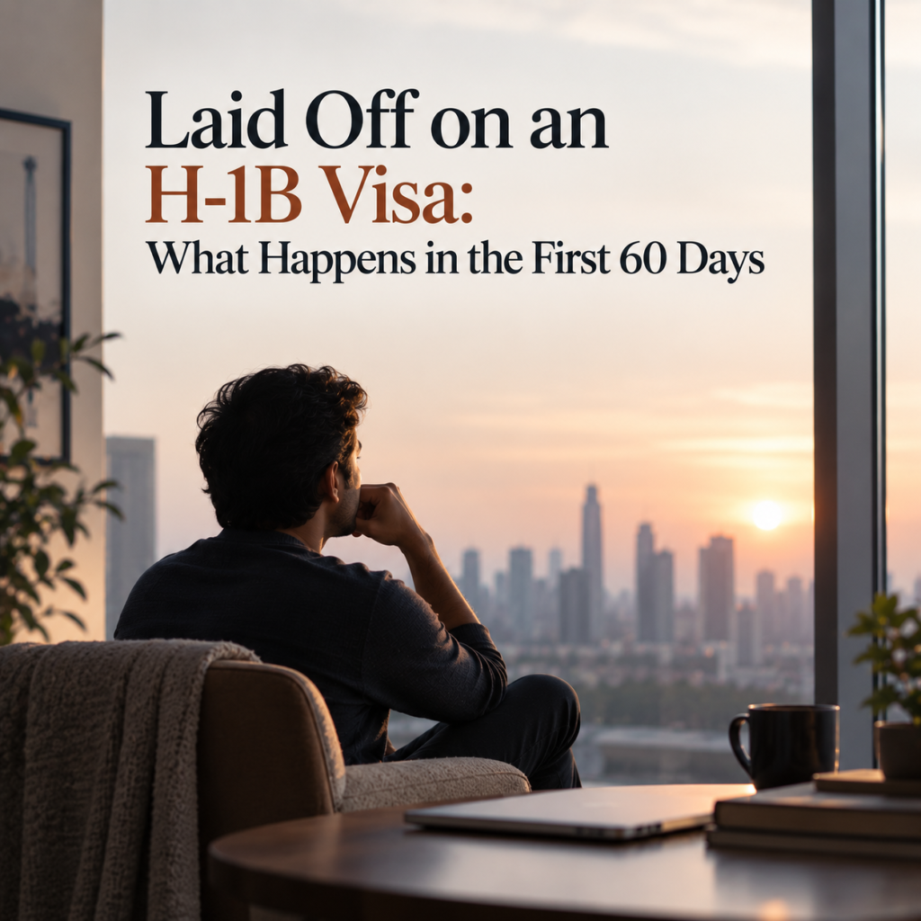 Indian H-1B professional in the United States contemplating an uncertain future after being laid off, reflecting the anxiety, identity disruption and immigration pressure of the 60-day grace period. Article by Dr. Prerna Kohli, Psychologist in Gurgaon, working with NRI professionals globally.