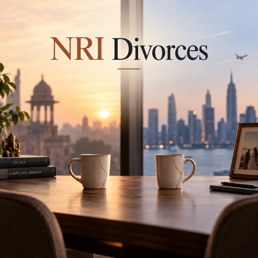 Two separated kintsugi cups against contrasting India and overseas cityscapes, symbolising the emotional fracture, divided lives and cross-border complexities of NRI divorce. Header image for an article by Dr. Prerna Kohli, Psychologist in Gurgaon, supporting NRI individuals and families globally.