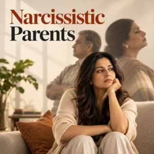 Indian adult daughter looking emotionally distressed, with her parents standing apart behind her, illustrating the lasting effects of narcissistic parenting.