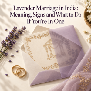 Lavender wedding invitation partially concealed in an envelope, with gold wedding rings and lavender flowers, illustrating lavender marriage in India and the concealment of sexual orientation in marriage.