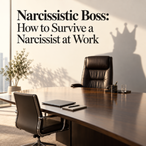 Empty executive office with a large boss's chair casting a crowned shadow, symbolising a narcissistic boss, workplace power imbalance, toxic management and employee intimidation.