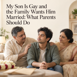 Indian parents comforting their adult son at home, symbolising family acceptance and support for a gay son facing marriage pressure. Guidance from psychologist Dr. Prerna Kohli.