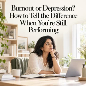 Thoughtful Indian woman professional seated at her desk with a laptop, illustrating the hidden emotional struggles associated with burnout and depression.