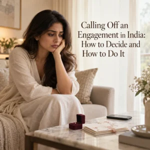 Thoughtful Indian woman sitting beside an engagement ring and wedding invitations, contemplating whether to call off her engagement before marriage.