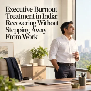 Indian business executive taking a mindful pause in a sunlit office, illustrating executive burnout recovery and workplace stress management.