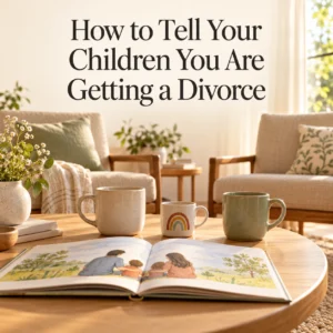 How to tell your children about divorce: Three family mugs and an open children's storybook symbolising a sensitive conversation about parental separation.