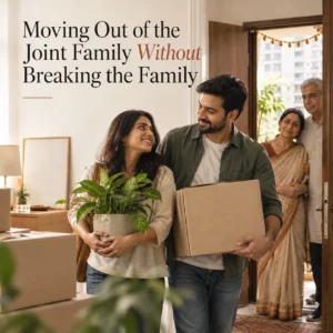 Young Indian married couple moving out of a joint family home with belongings, while their parents watch from the doorway, illustrating independent living and family relationships.