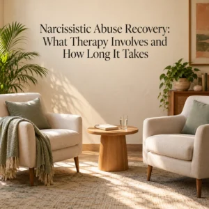Narcissistic abuse recovery and therapy, represented by two chairs in a peaceful counselling room with warm natural light.