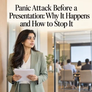 Anxious Indian woman professional holding presentation notes outside a conference room, illustrating public speaking anxiety and fear before a presentation.