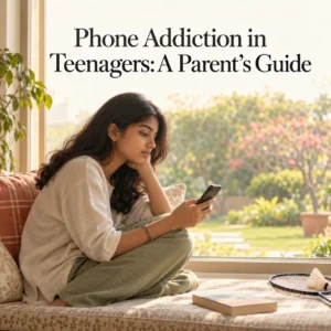 Phone addiction in teenagers: Indian teenage girl looking at her smartphone beside a window, with books and badminton equipment nearby.