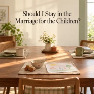 Should I stay in the marriage for the children? A family dining table with three place settings and a child's drawing, symbolising the impact of marital conflict on children.