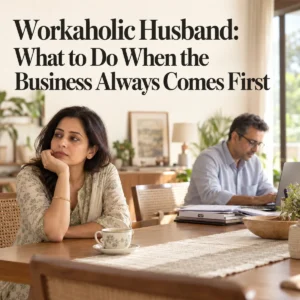 Indian wife sitting alone at the dining table while her workaholic husband focuses on his laptop, illustrating emotional distance and marriage problems.